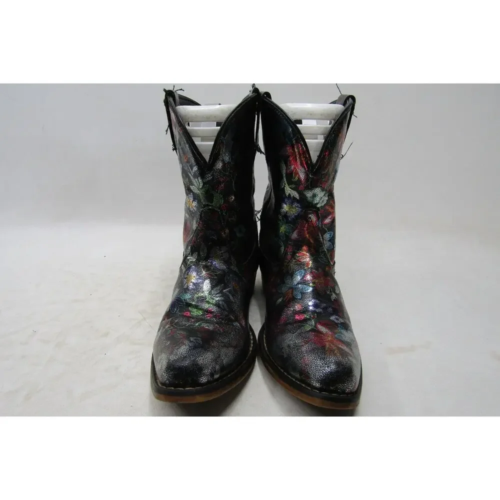 Roper Brand Youth Size 6 M Black Leather Floral Cowboy Western Boots